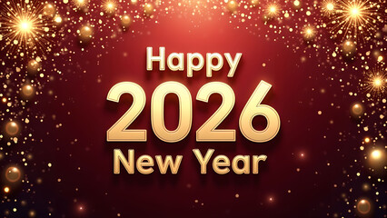 Elegant happy new year 2026 wishes with golden lights and red background