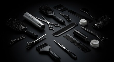 Fototapeta premium Electronic circuit board, Top View of Hairdresser Tools – Scissors, Combs, and Accessories on Black Background