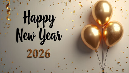 Elegant Happy New Year 2026 Celebration with Golden Balloons and Confetti Design