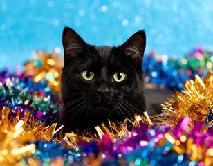 Black cat amidst colorful tinsel