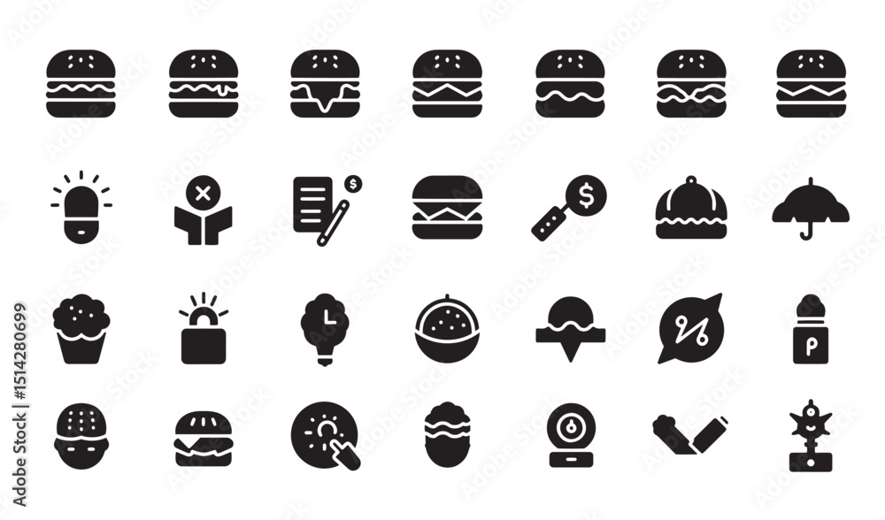 Poster set of various black icons on a white background depicting food and objects