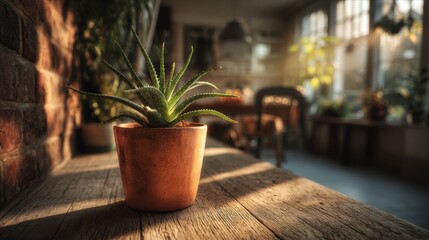 Aloe vera plant in a copper-toned pot, warm sunlight casting long shadows, rustic yet modern vibe