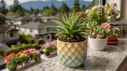 Stylish Aloe vera in a geometric planter on a marble countertop, clean modern interior, natural daylight, crisp details