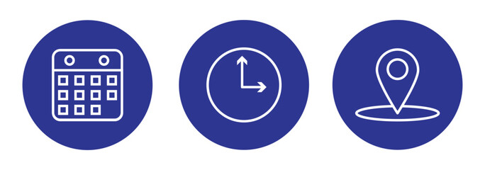 Time, date, location or place icons symbol. Time, date and address icon.