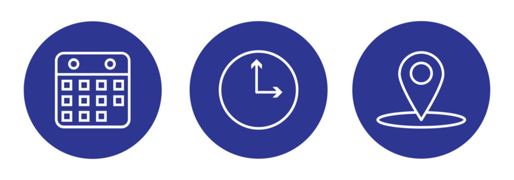 Time, date, location or place icons symbol. Time, date and address icon.