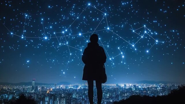 Silhouette of a person gazing at a city skyline at night, with a celestial constellation projected above