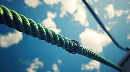 Close-up of a green rope against a partly cloudy sky.
