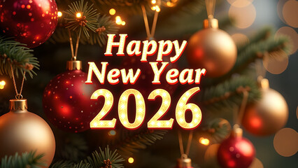 Festive Greetings: Happy New Year 2026 on a Decorated Christmas Tree with Baubles