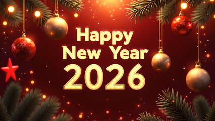 Festive Happy New Year 2026 Celebration with Christmas Decorations and Sparkling Lights