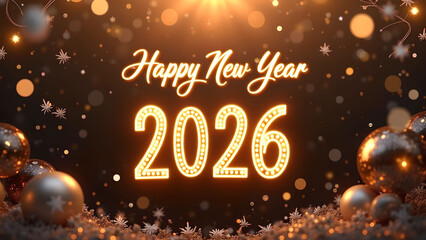 Festive Happy New Year 2026 Celebration with Golden Lights and Decorations
