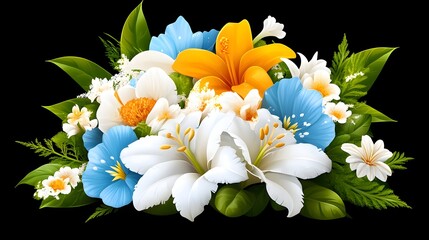 Vibrant bouquet of white, yellow, and blue lilies, daisies, and greenery, digitally rendered against a black background