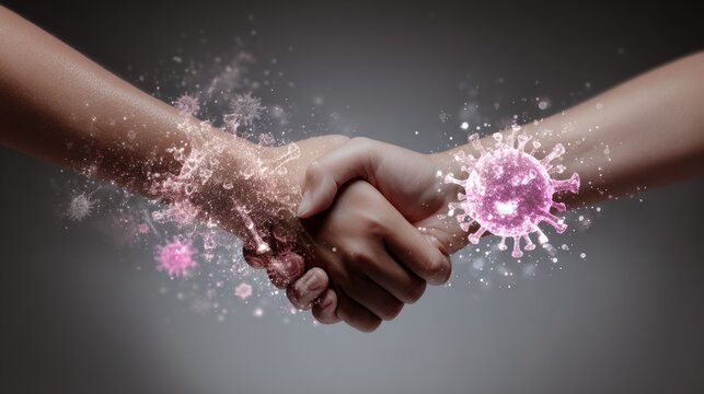 Close up of two hands about to shake with virus particles in the air, symbolizing the risk of infection, virus transmission, bacteria spread, pandemic awareness, and avoiding physical contact