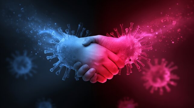 Close up of two hands about to shake with virus particles in the air, symbolizing the risk of infection, virus transmission, bacteria spread, pandemic awareness, and avoiding physical contact