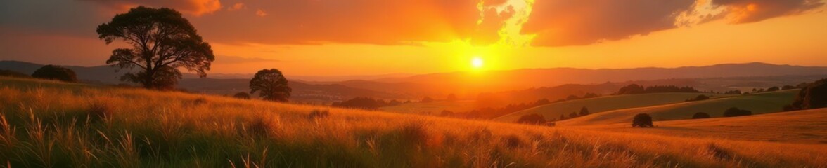 Golden sunset hues paint idyllic countryside landscape, grass, rural landscape, majestic