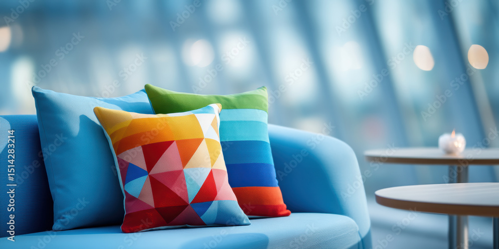 Poster stylish sofa for office space with colorful geometric and striped cushions creating vibrant and comf