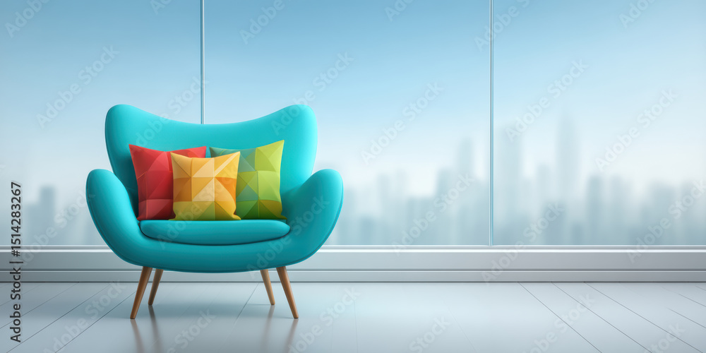 Poster stylish sofa for office space with colorful geometric pillows in modern room featuring large windows