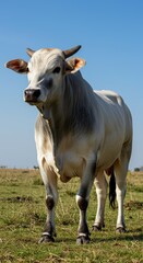 Fototapeta premium Majestic White Bull Standing Proudly in a Lush Green Pasture Under a Clear Blue Sky