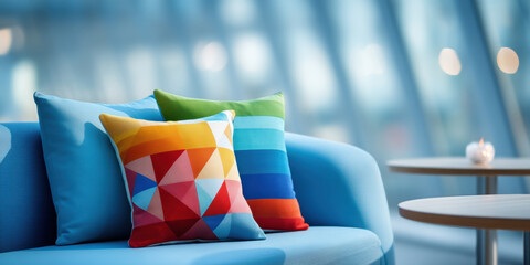 Stylish sofa for office space with colorful geometric and striped cushions creating vibrant and comfortable seating area in modern environment