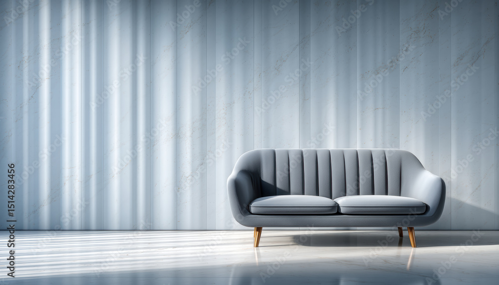 Poster stylish sofa for office space with modern design and soft cushions placed against marble wall creati