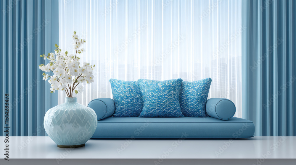 Poster stylish sofa for office space in blue with patterned cushions and matching curtains creates calm and
