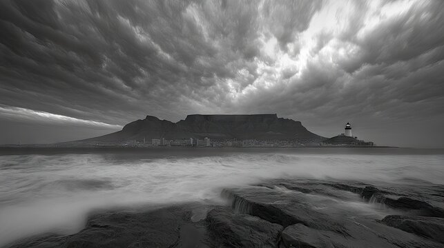 Dramatic seascape with Table Mountain and stormy clouds.