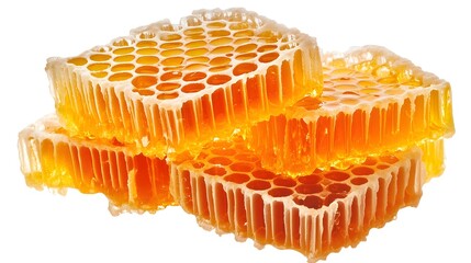 Three golden honeycomb pieces, glistening with honey, stacked slightly askew on a white background