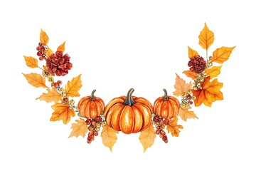 Watercolor autumn wreath with pumpkins leaves berries and pine cones on a white background background texture video