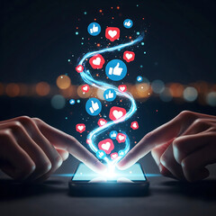  Interactive Social Media Engagement Fingers Tapping a Smartphone with Emerging Likes and Heart Icons in a Dynamic Light Stream