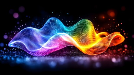Vibrant, rainbow-hued, flowing digital wave of light particles against a dark, glittering background
