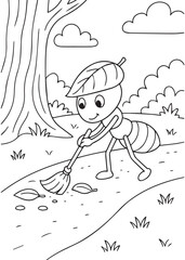 Coloring book ant with a leaf hat diligently sweeps fallen leaves from a path in a cheerful forest scene.