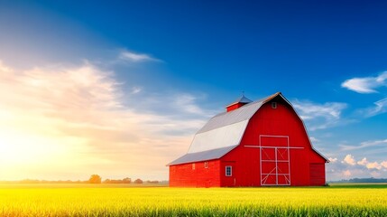 Vibrant red barn stands in a field of golden-yellow crops under a vast, blue sunset sky, with fluffy white clouds