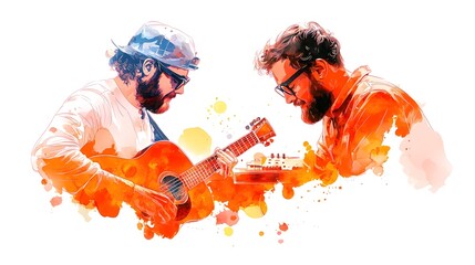 Watercolor-style portrait of two bearded men, one playing acoustic guitar, the other a small electronic device; vibrant orange and yellow hues, isolated on white