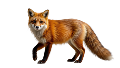 Realistic Illustration of a Red Fox Walking Gracefully in Portrait Mode Against a Transparent Background