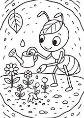 Coloring book ant wearing a leaf hat, happily waters its blooming underground garden with a tiny watering can.