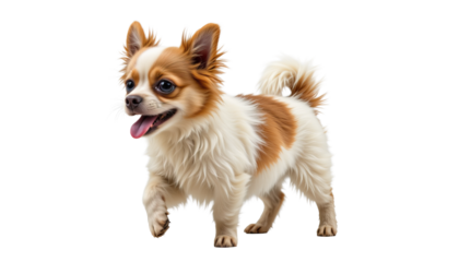 Adorable Chihuahua Dog with Fluffy Coat and Happy Expression Running Playfully in Bright Open Space