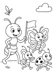 Coloring book ant leads a joyful parade of insect friends, including a butterfly, bee, and ladybug, waving a flag.