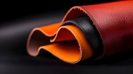 Obraz premium Three rolls of richly-colored leather, red, black, and orange, elegantly curved and stitched, displayed on a dark background