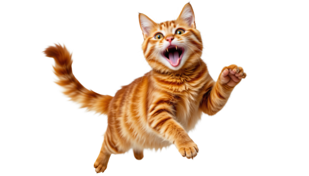 Playful ginger cat leaps in excitement with mouth open and paw raised in a dynamic and joyful pose