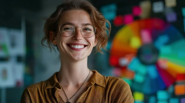 A woman holding notes, a colour wheel, and annotations is standing at the office's glass wall.