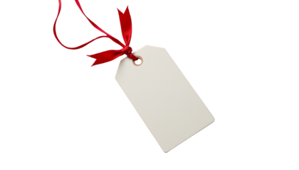 Blank Tag with Red Ribbon for Labeling Gifts, Products, or Pricing in Minimalist Style Photography