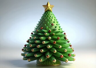 Stunning 3D Render of a Christmas Tree with Gold and Red Ornaments