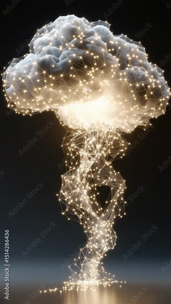 Poster a digital visualization of a mushroom cloud formed by glowing interconnected nodes and lines, evokin