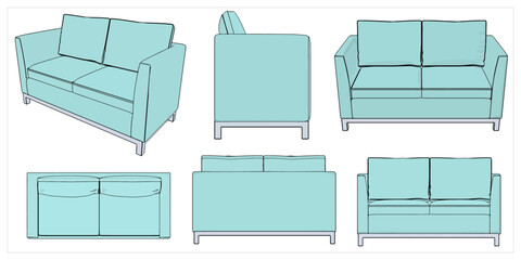 Two seater Cyan sofa. Vector images are produced from the auto tracing process. View from Perspective, front, top, left,back
