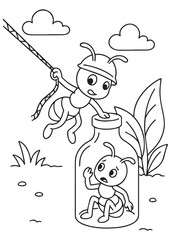 Coloring book ant in a hardhat rescues a trapped ant from a glass jar with a rope