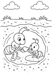 Coloring book caring adult ant feeds a happy baby ant in their cozy underground home.