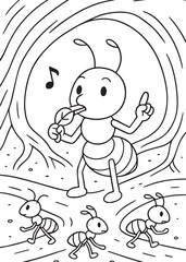 Coloring book ant plays a leaf flute, leading its cheerful ant friends through the roots of a tree.