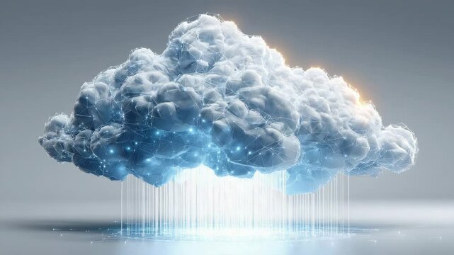 A digital cloud with a network pattern, glowing nodes, and streams of data represents cloud computing and data transfer. cloud based AI system 