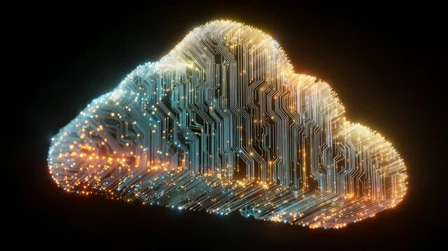 A glowing cloud made of electronic circuits and lights symbolizes digital cloud computing and data connectivity. cloud based AI system