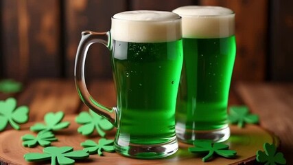 Green beer in glass mugs with shamrock decorations on wood table -  