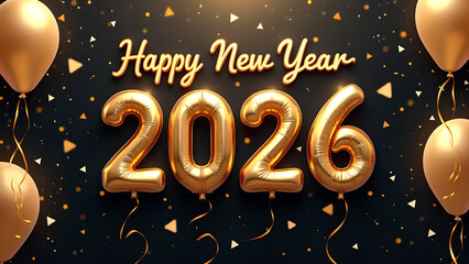 Festive Happy New Year 2026 Celebration with Golden Balloons and Confetti